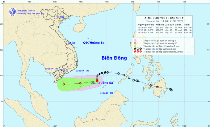 Bão số 14 suy yếu thành áp thấp nhiệt đới vào sáng 21/12.