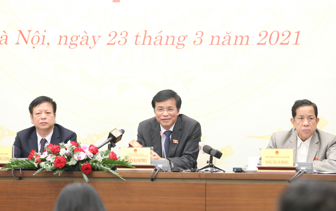 Buổi họp báo về dự kiến chương trình kỳ họp thứ 11, Quốc hội khóa XIV diễn ra vào sáng 23/3 tại Hà Nội. Ảnh: Minh Phúc.