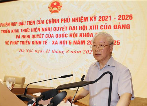 Tổng Bí thư Nguyễn Phú Trọng phát biểu tại Phiên họp đầu tiên của Chính phủ nhiệm kỳ 2021- 2026. Ảnh: Trí Dũng/TTXVN.