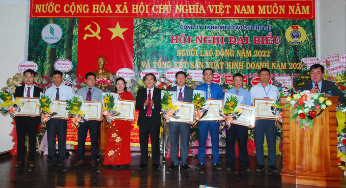Tập thể và cá nhân nhận bằng khen của Tập đoàn Công nghiệp Cao su Việt Nam. Ảnh: Ngọc Thăng.