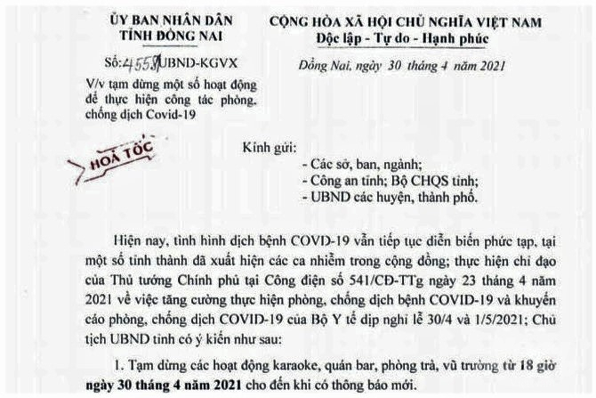 Văn bản hỏa tốc vừa được UBND tỉnh Đồng Nai chuyển tới các cơ quan, sở ban ngành trong tỉnh. Ảnh: MS.