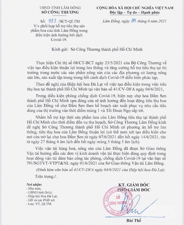 Công văn của Sở Công thương tỉnh Lâm Đồng. Ảnh: QQ.