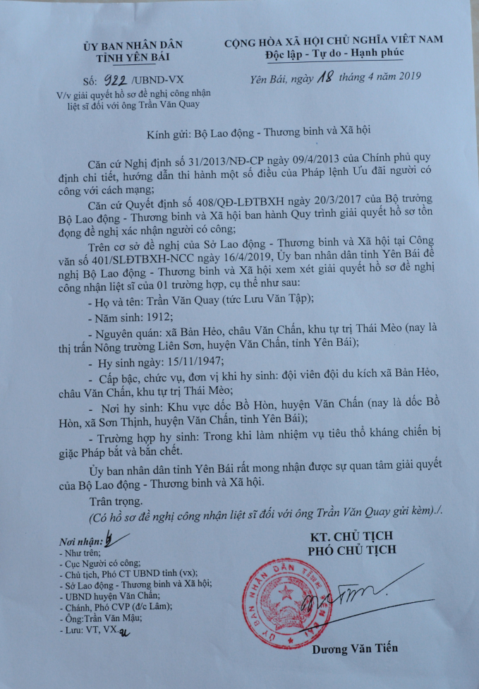 Văn bản của UBND tỉnh Yên Bái gửi Bộ LĐ-TB & XH đề nghị công nhận liệt sĩ cho ông Trần Văn Quay. Ảnh: Thái Sinh.