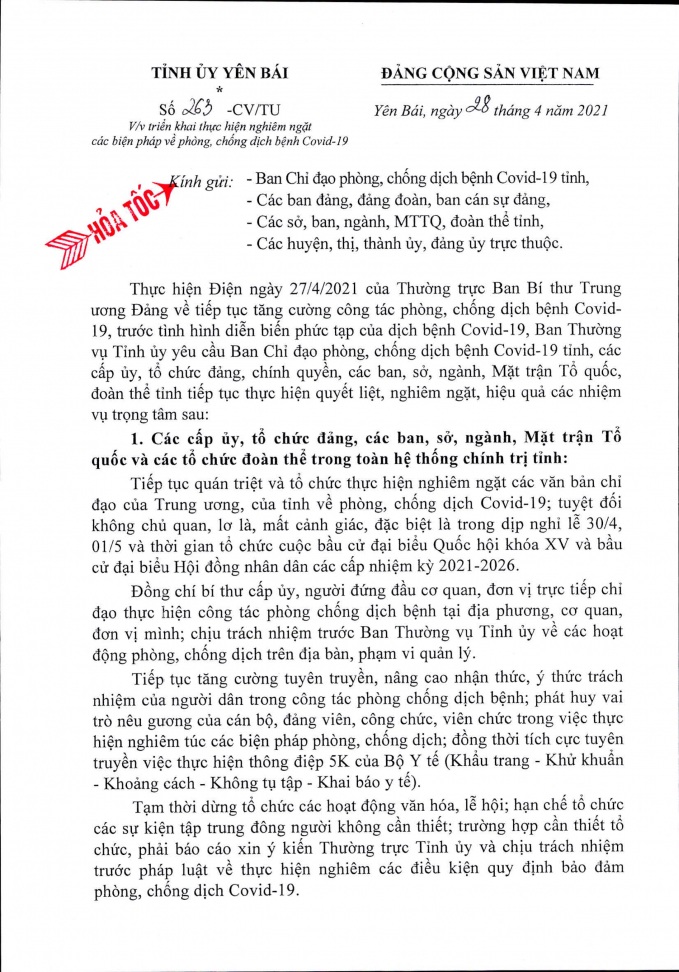 Công văn của Tỉnh ủy Yên Bái chỉ đạo thực hiện nghiêm ngặt các biện pháp phòng chống Covid-19.