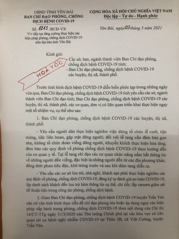 Văn bản chỉ đạo của UBND tỉnh Yên Bá về việc tăng cường phòng, chống dịch Covid-19.