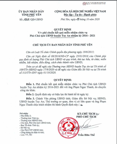 UBND tỉnh Phú Yên đã quyết định phê chuẩn miễn nhiễm chức vụ phó chủ tịch huyện đối với ông Phạm Ngọc Thanh. Ảnh: KS.