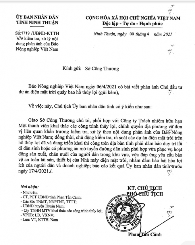 Tỉnh Ninh Thuận chỉ đạo, xử lý phản ánh Báo Nông nghiệp Việt Nam về điện mặt trời hồ Bầu Ngứ. Ảnh: KS.