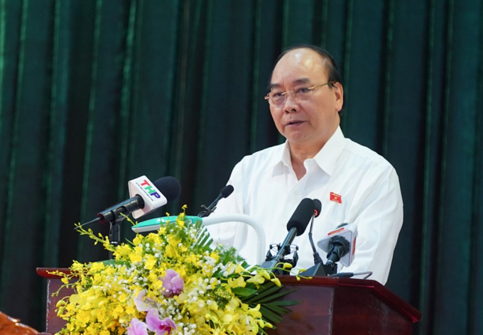 Thủ tướng Nguyễn Xuân Phúc phát biểu tại cuộc tiếp xúc. Ảnh: CTV.