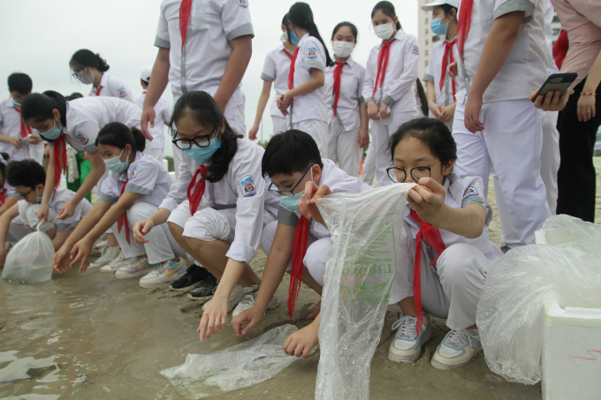 Sự kiện còn có sự góp mặt của các em học sinh trên địa bàn TP Hạ Long (Quảng Ninh) nhằm truyền đạt truyền thống tái tạo nguồn lợi thủy sản trên địa bàn tỉnh Quảng Ninh. Ảnh: Anh Thắng.