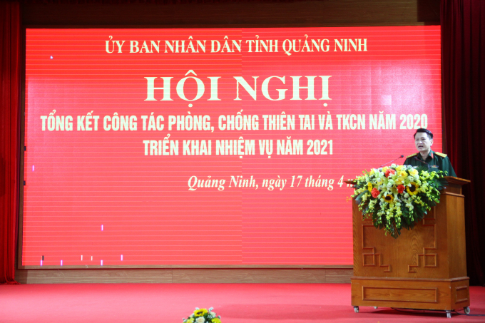 Đại tá Phạm Hải Châu, Phó Cục trưởng Cục cứu hộ cứu nạn, Bộ Quốc Phòng đưa ra ý kiến về công tác triển khai nhiệm vụ PCTT và TKCN năm 2021 tại Quảng Ninh. Ảnh: Anh Thắng.