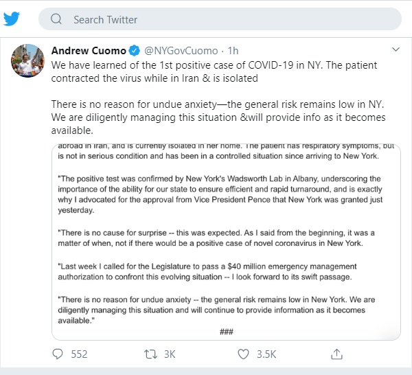 Dòng tweet thông báo về ca nhiễm Covid-19 đầu tiên của ông Cuomo (Ảnh chụp màn hình).