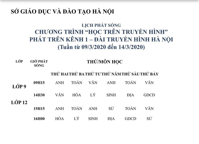 Lịch học trên truyền hình của học sinh lớp 9 và 12 do Sở GD&ĐT Hà Nội công bố.