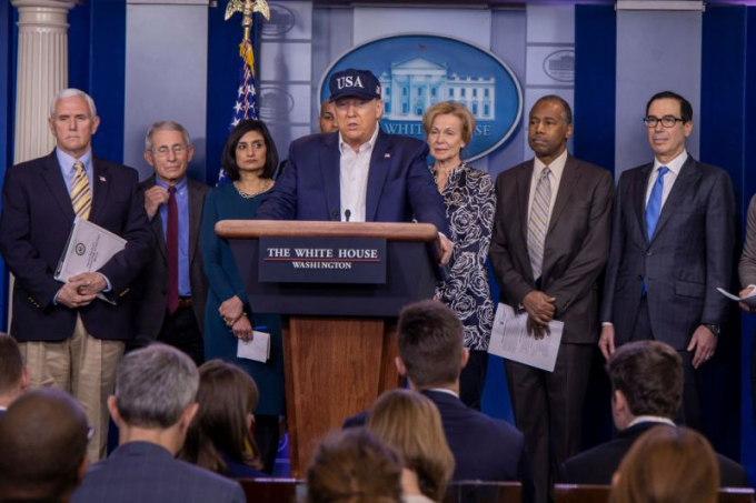 Tổng thống Hoa Kỳ Donald Trump phát biểu trong phòng họp báo của Nhà Trắng ở Washington, DC. hôm 14/3/2020. Ảnh: Tasos Katopodis/Getty Images.