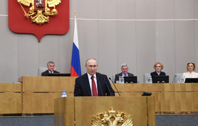 Tổng thống Nga Vladimir Putin phát biểu trong phiên họp Duma Quốc gia tại Moscow hôm 10/3/2020. Ảnh: THX/TTXVN.