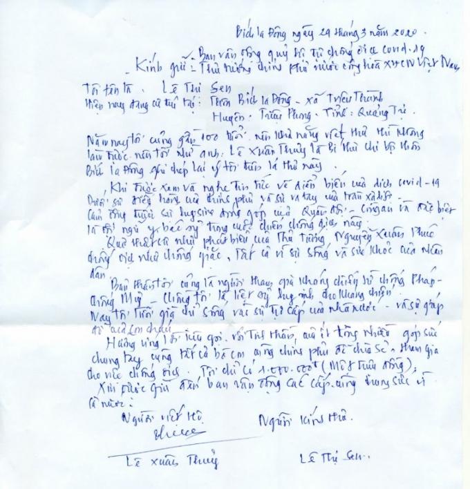 Bức thư của cụ Lê Thị Sen bày tỏ mong mong muốn góp sức chống 