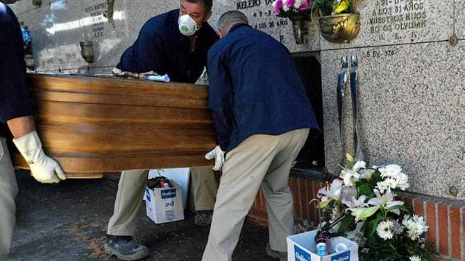 Công nhân nhà xác đeo khẩu trang và găng tay đặt quan tài của nạn nhân Covid-19 vào một hốc tường tại một nghĩa trang ở Madrid, Tây Ban Nha. Ảnh: AFP.