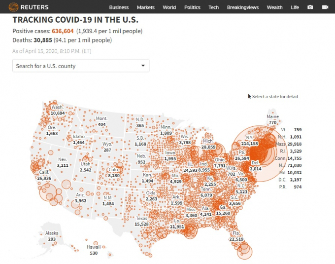 Ảnh chụp màn hình thống kê dịch Covid-19 tại Hoa Kỳ do Reuters thực hiện.