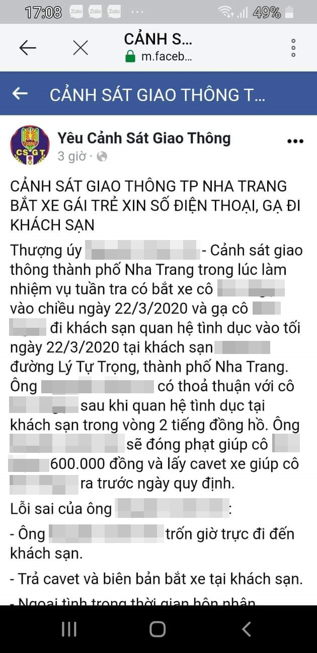Ảnh chụp màn hình tài khoản Facebook tố cảnh sát giao thông TP Nha Trang (Khánh Hòa) 'gạ tình' người vi phạm giao thông. Ảnh: VH.