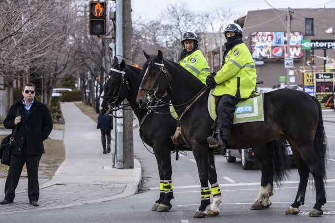 Hai sĩ quan thuộc đội cảnh sát kỵ binh tuần tra trên phố King West, Toronto, Canada, năm 2019. Ảnh: Ben Roffelsen.
