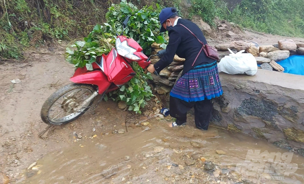 Một phụ nữ người Mông ngã xe khi cố gắng vượt qua đoạn suối này, may mắn chị chỉ bị trầy xước nhẹ.