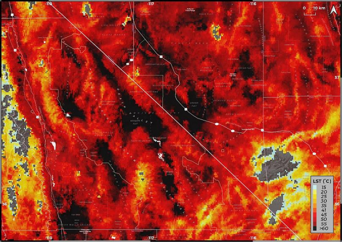 Bản đồ nhiệt của độ nóng bề mặt đất tại Thung lũng Chết, California, Hoa Kỳ. Ảnh: EU.