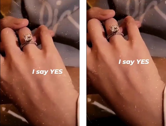 Cận cảnh chiếc nhẫn kim cương 'khủng' do Jolie Nguyễn chia sẻ trên Instagram Story, kèm theo đó là dòng chữ 'I say YES'.