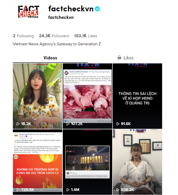 Tài khoản factcheckvn trên TikTok. Ảnh: Vietnam+.