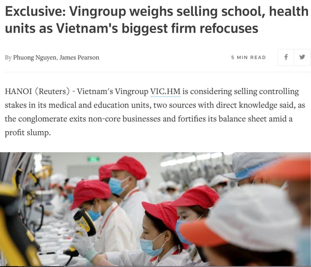 Bài báo của Reuters thông tin về việc Vingroup cân nhắc bán mảng trường học và bệnh viện