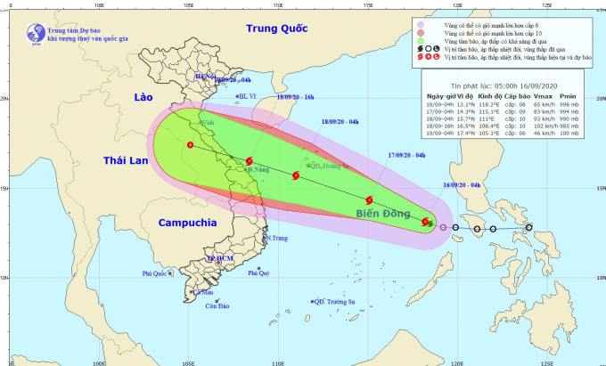 Sơ đồ dự báo vị trí và đường đi của bão số 5. Ảnh: Trung tâm Dự báo KTTV Quốc gia.