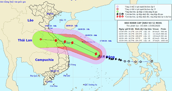 Bản đồ vị trí và hướng di chuyển của bão số 5 cập nhật sáng 17/9. Ảnh: Trung tâm KTTV Quốc gia.