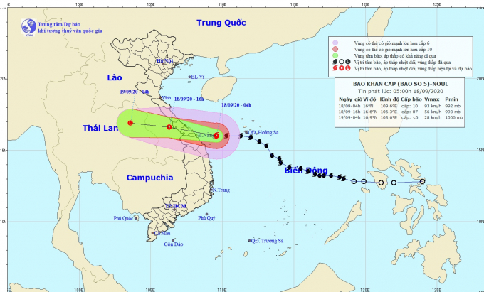 Sơ đồ vị trí và đường đi của bão số 5 lúc 3h sáng 18/9. Ảnh: Đài Khí tượng Thủy văn Bắc Trung bộ.