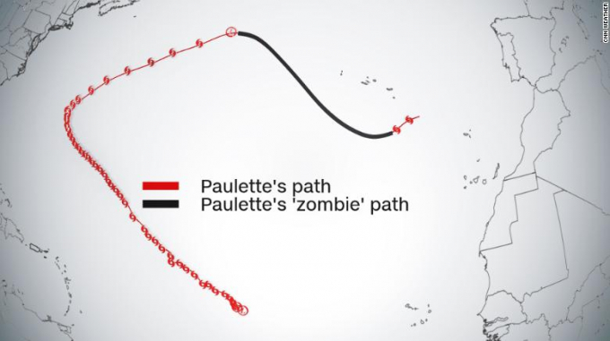 Đồ thị đường đi của bão Paulette (màu đỏ) và 'bão zombie' Paulette (màu đen). Ảnh: CNN.