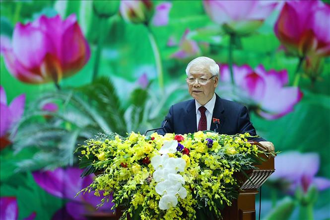 Tổng Bí thư, Chủ tịch nước, Bí thư Quân ủy Trung ương Nguyễn Phú Trọng phát biểu chỉ đạo Đại hội Đảng bộ Quân đội lần thứ XI, nhiệm kỳ 2020-2025. Ảnh: TTXVN.