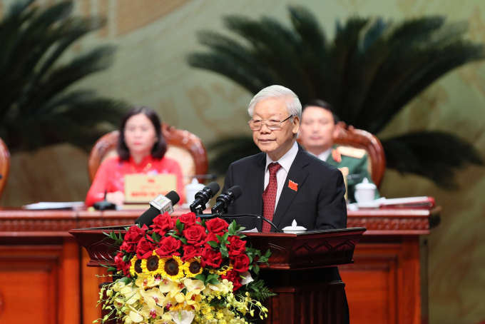 Tổng Bí thư, Chủ tịch nước Nguyễn Phú Trọng phát biểu chỉ đạo tại Đại hội lần thứ XVII Đảng bộ TP. Hà Nội. Ảnh: VGP/Nhật Bắc.