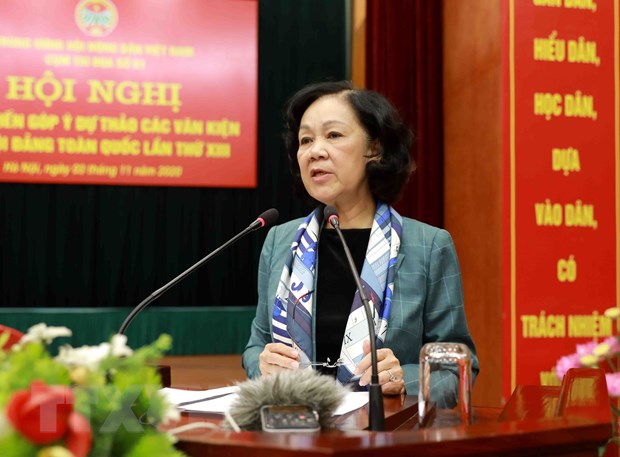 Bà Trương Thị Mai, Ủy viên Bộ Chính trị, Bí Thư Trung ương Đảng, Trưởng ban Dân vận Trung ương phát biểu chỉ đạo Hội nghị. Ảnh: Vũ Sinh/TTXVN.