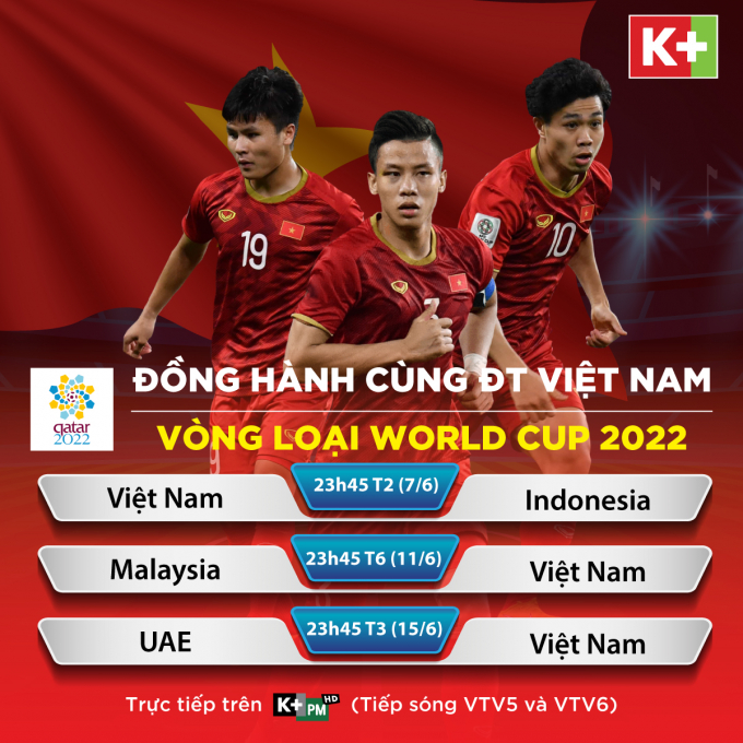 Xem trọn vẹn 3 trận đấu còn lại của đội tuyển Việt Nam tại Vòng loại thứ hai World Cup 2022 khu vực Châu Á trên K+.