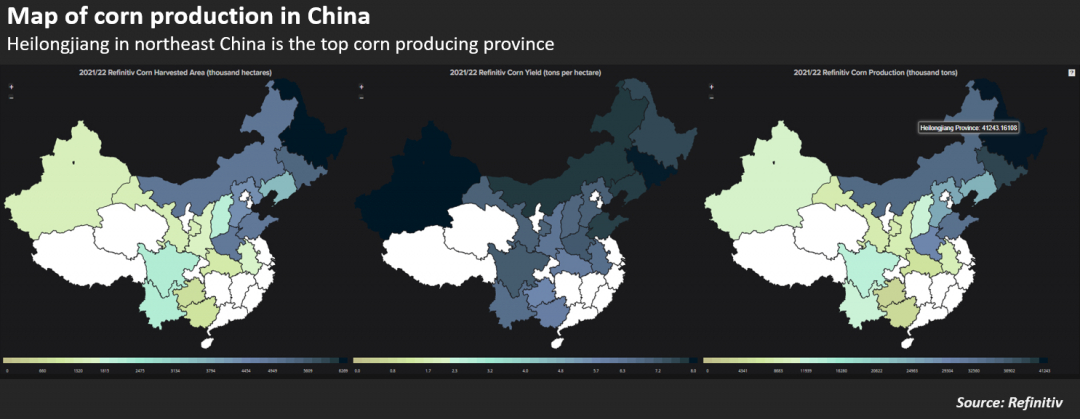 Bản đồ sản xuất ngô ở Trung Quốc.