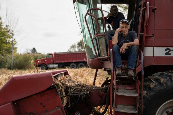 Dale Nething, 86 tuổi, buồn rầu ngồi đợi khi con trai ông Don Nething, 62 tuổi, cố gắng khắc phục sự cố máy gặt đập liên hợp bị hỏng khi đang được sử dụng thu hoạch ngô ở Ravenna, Ohio, Hoa Kỳ, ngày 11/10/2021.