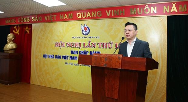 Tân Chủ tịch Hội Nhà báo Việt Nam Lê Quốc Minh phát biểu tại hội nghị. Ảnh: Vietnam+.