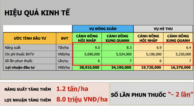 Hiệu quả từ chương trình 'Cánh đồng hội nhập': năng suất tăng lên 1.2 tấn/ha/năm (15%), lợi nhuận tăng thêm 8 triệu đồng/ha/năm (15-20%).