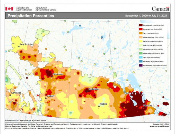 Một bản đồ hiển thị phần trăm lượng mưa từ tháng 9/2020 cho đến tháng 7/2021 minh họa mức độ nghiêm trọng của hạn hán ở vùng Prairies, đặc biệt là ở bang Manitoba. Nguồn: Bộ Nông nghiệp và Thực phẩm nông nghiệp Canada.
