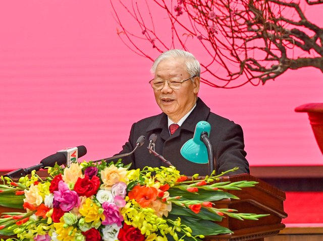 Tổng Bí thư Nguyễn Phú Trọng chúc Tết Đảng bộ, chính quyền, quân và dân Thủ đô. Ảnh: VGP/Bảo Ngọc.