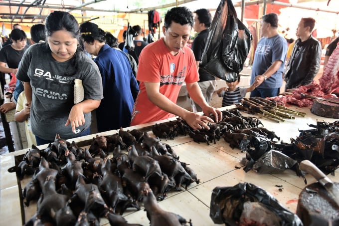 Lý thuyết phổ biến về nguồn gốc của đại dịch Covid là do virus lây lan từ động vật hoang dã sang người (Trong ảnh: Một người bán hàng sắp xếp thịt dơi ở chợ Tomohon ở phía bắc Sulawesi, Indonesia, vào năm 2017). Ảnh: Getty.