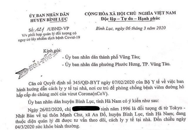 Công văn UBND huyện Bình Lục, Hà Nam gửi chính quyền TP. Bà Rịa, tỉnh Bà Rịa - Vũng Tàu về trường hợp chị V.A. 