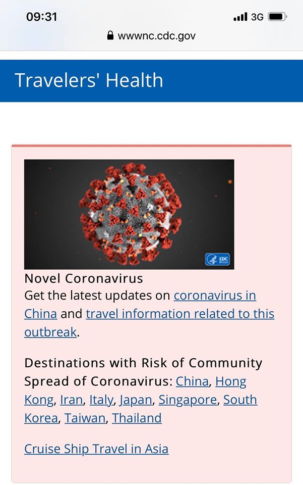 Ảnh chụp trên trang web của CDC ngày 28/2, ở mục thông tin dành cho khách du lịch trước tình hình dịch Covid-19, CDC đã đưa Việt Nam ra khỏi các điểm đến có nguy cơ lây lan dịch bệnh trong cộng đồng.