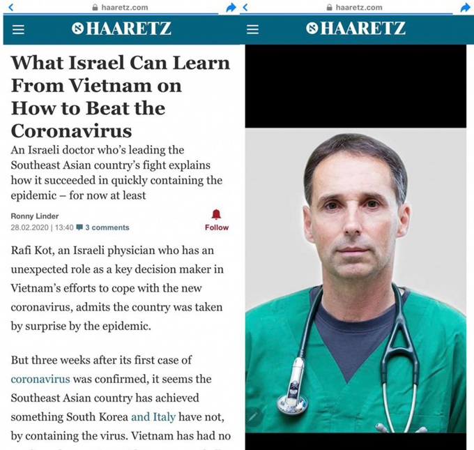 Hình chụp màn hình bài báo đề cập bác sĩ Rafi Kot, người đang sinh sống và làm việc tại Hà Nội, có tham gia tư vấn cho Chính phủ Việt Nam trong công tác phòng, chống dịch Covid-19.