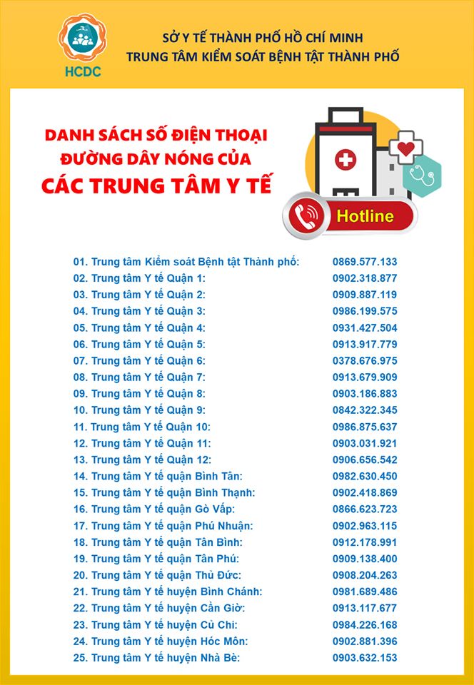 Số điện thoại đường dây nóng của Trung tâm Y tế quận huyện hoặc của Trung tâm Kiểm soát Bệnh tật Thành phố Hồ Chí Minh.