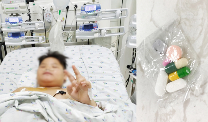 Hình ảnh bé P. sau 48 giờ được đưa vào BV Nhi đồng Thành phố cấp cứu kịp thời và hình ảnh loại thuốc mà bé P. uống trước đó. Ảnh: BVCC.