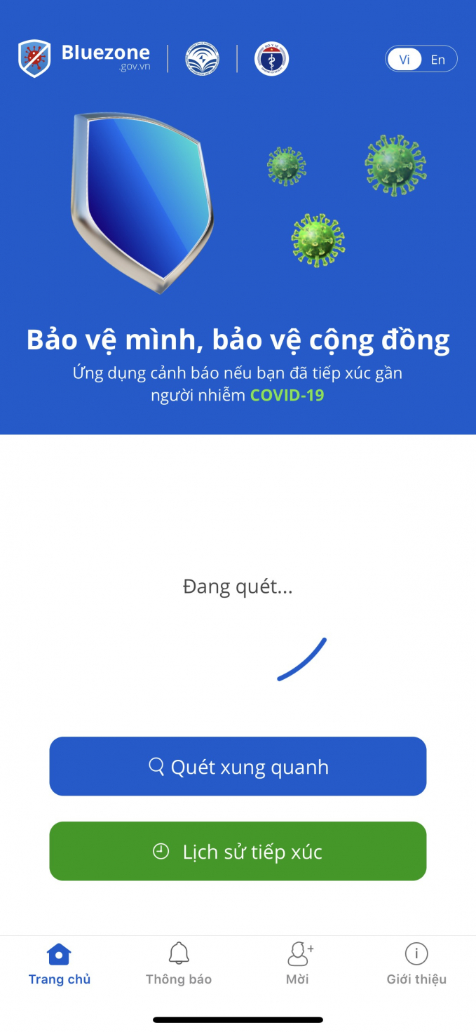 Giao diện ứng dụng Bluezone. 