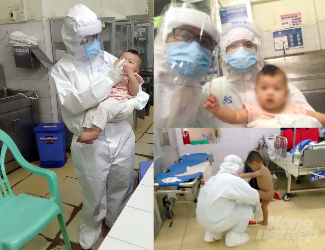 Bác sĩ Phạm Thị Thanh Thúy cùng đồng nghiệp chăm sóc cho bé gái 7 tháng tuổi mắc Covid-19. Ảnh: Nhân vật cung cấp.